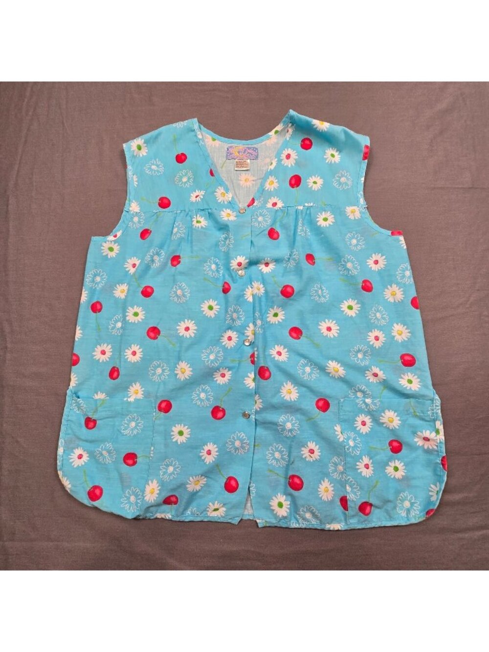Moon Dance Large Womens Sleeveless Button Front Top Blue Cherry Daisy Pearl Snap